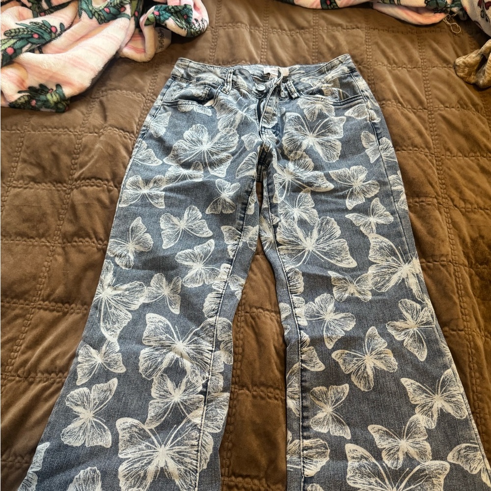 Forever 21 Blue Butterfly Print Flare Jeans